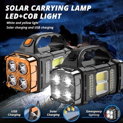 multi function portable light solar usb rechargeable emergency lantern dual front and rear light powerful 4 flashlight with side light white light yellow light torch hiking fishing bbq running repairing