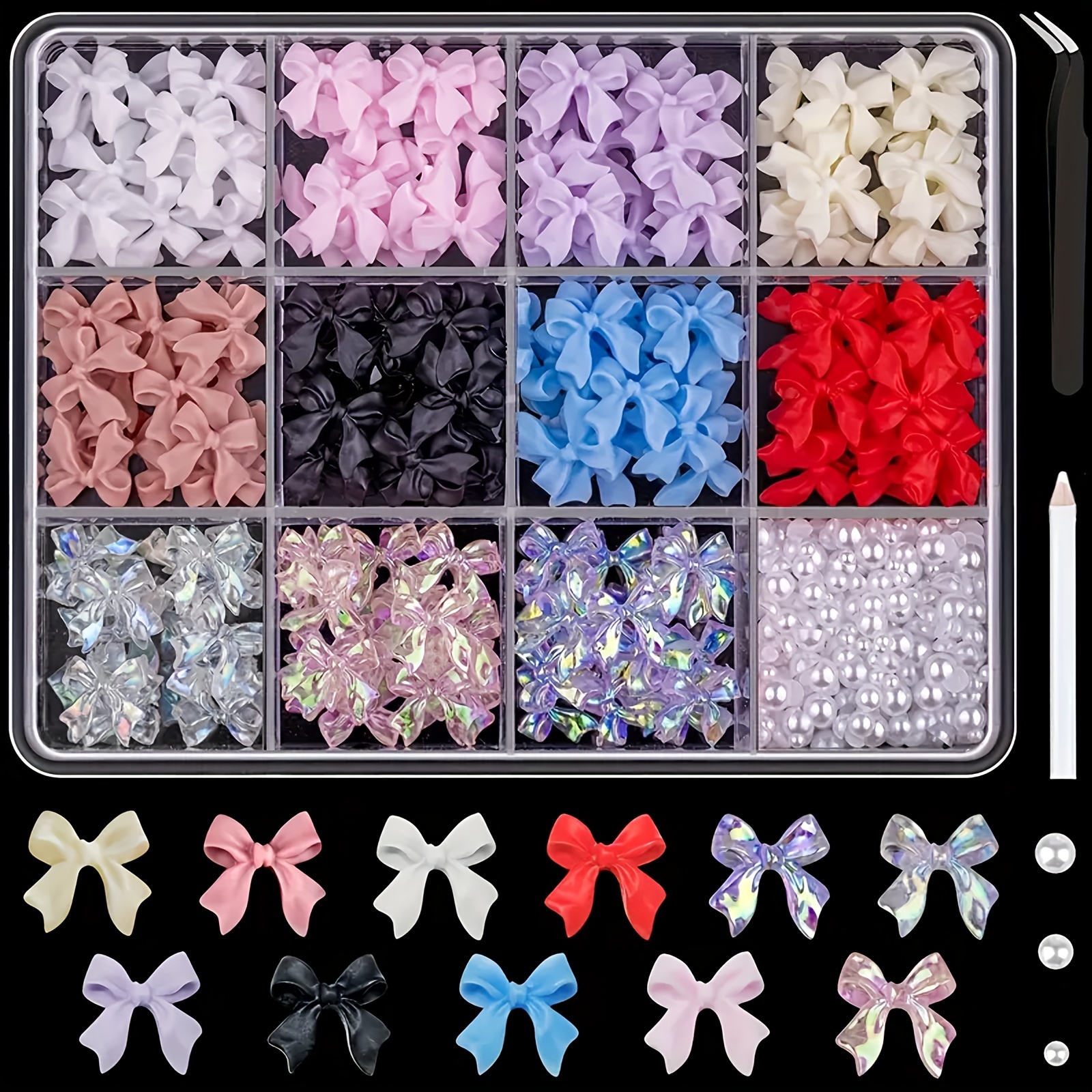 

500 Pcs 3d Nail Charms And Flatback Pearls Multi Styles Bowknot Charms + Pink&white Star Heart Nail Jewels + 2-6mm White Nail Pearls For Nail Art Design With Pickup Tools