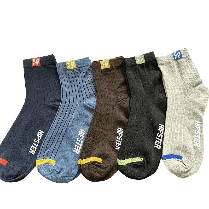 Image of 5 Pairs Of Breathable Men's Trendy Letter Pattern Crew Socks, Comfy Casual Socks For Outdoor Wearing