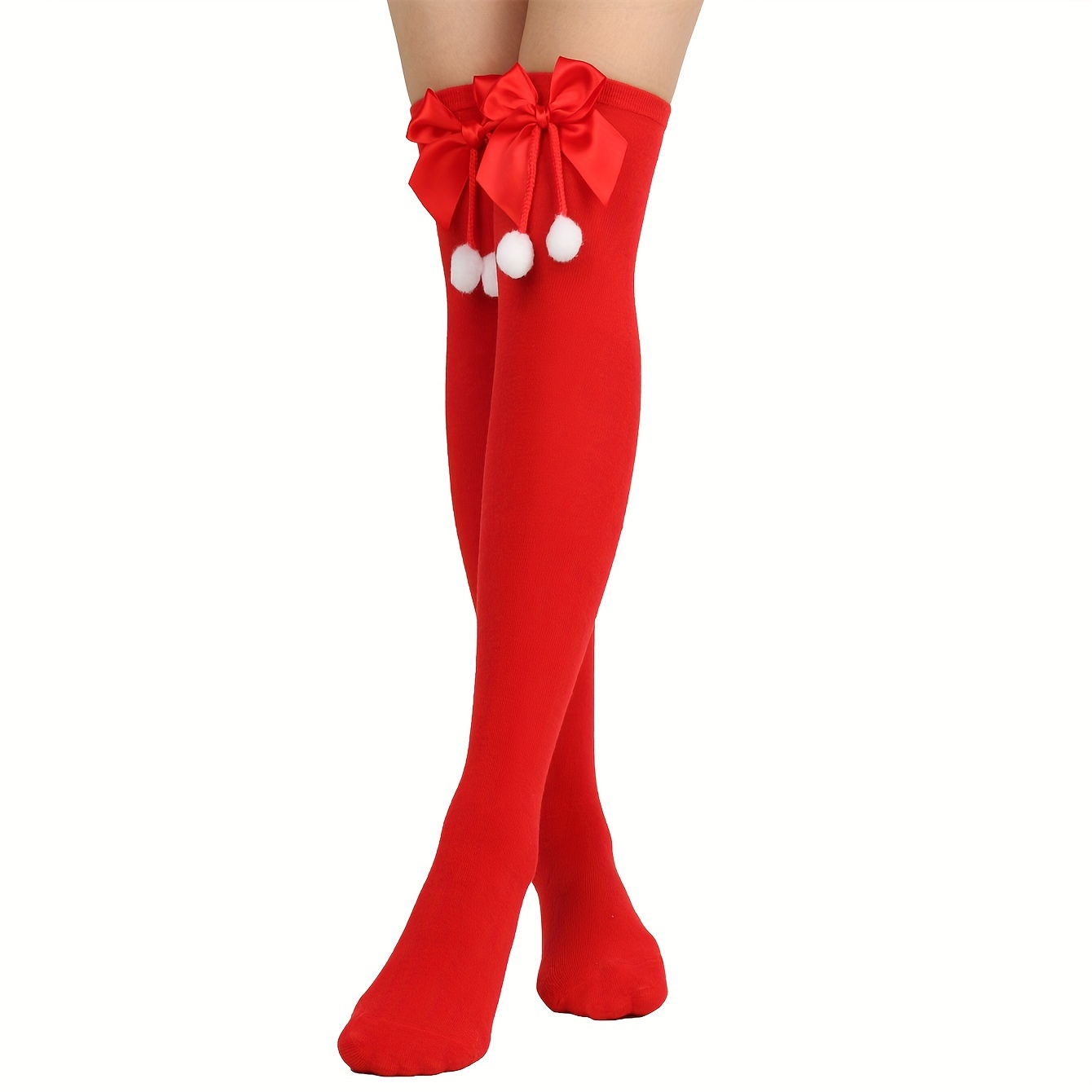 Image of A Pair Of Women's Christmas Socks With Bows And Pom-poms, Over-the-knee Long Striped Socks