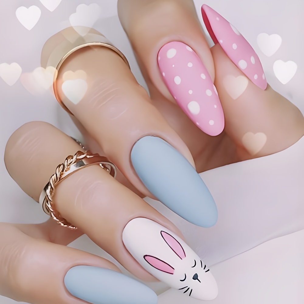 4sets 96pcs long almond easter style press on nails pinkish rabbit and egg pattern fake nails matte artificial finger manicure false nails details 1