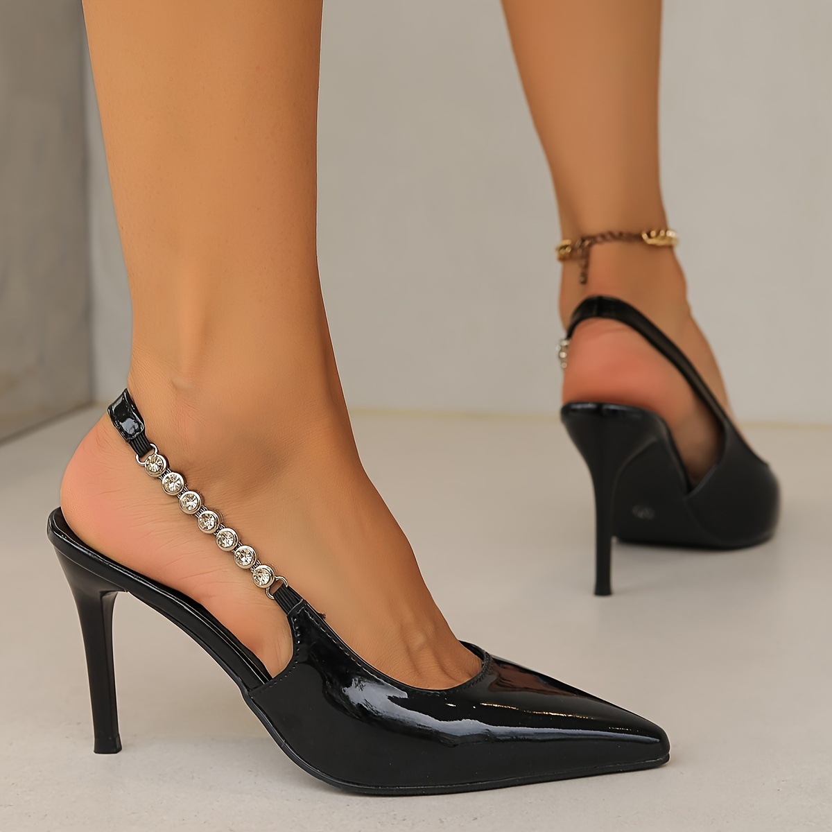 

Women's Solid Color Elegant Sandals, Rhinestone Ankle Strap Slip On Slingback High Heels, Point Toe Office & Banquet Pumps