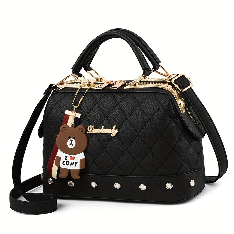 

Elegant Quilted Ladies Handbag With Bear Charm, Casual Style, Faux Leather, Crossbody And Top-handle Design Bag For Women