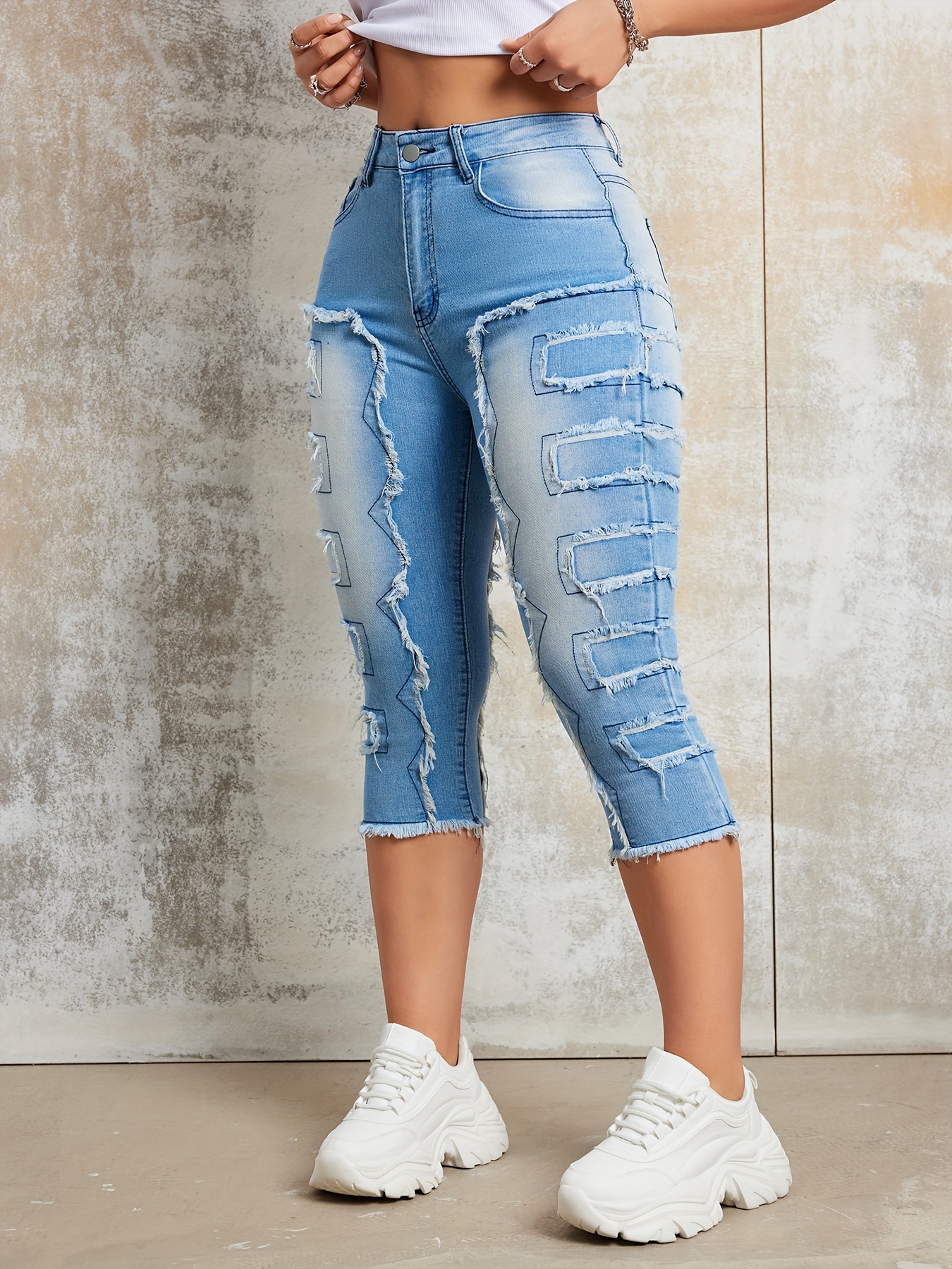 Blue High Stretch Capris Denim Jeans, Slim Fit Slant Pockets Casual Denim  Pants, Women's Denim Jeans & Clothing