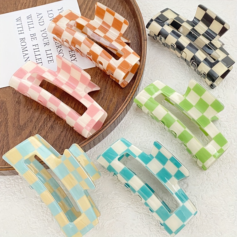 

6-piece Set Vintage & Sweet Checkerboard Hair Clips - Acetate, Rectangular, Perfect For Daily Wear & Special Occasions