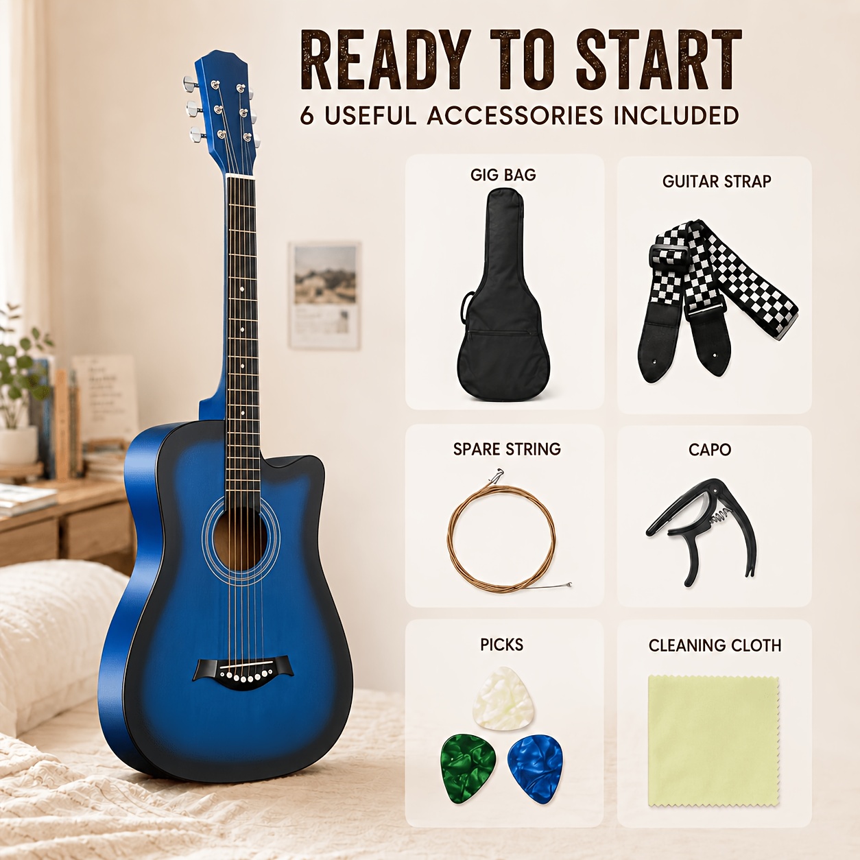38 Inch Beginner Acoustic Cutaway Guitar&comma; En...