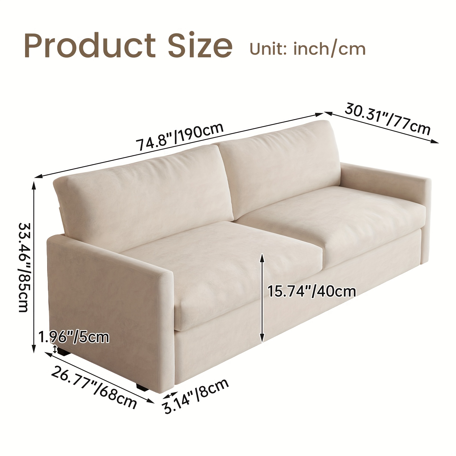 Image of Large Two-person Couch, Contemporary Design With Arm Supports, Ideal For Living Rooms, Bedrooms, Home Offices, And Apartments In Beige, Easy To Put