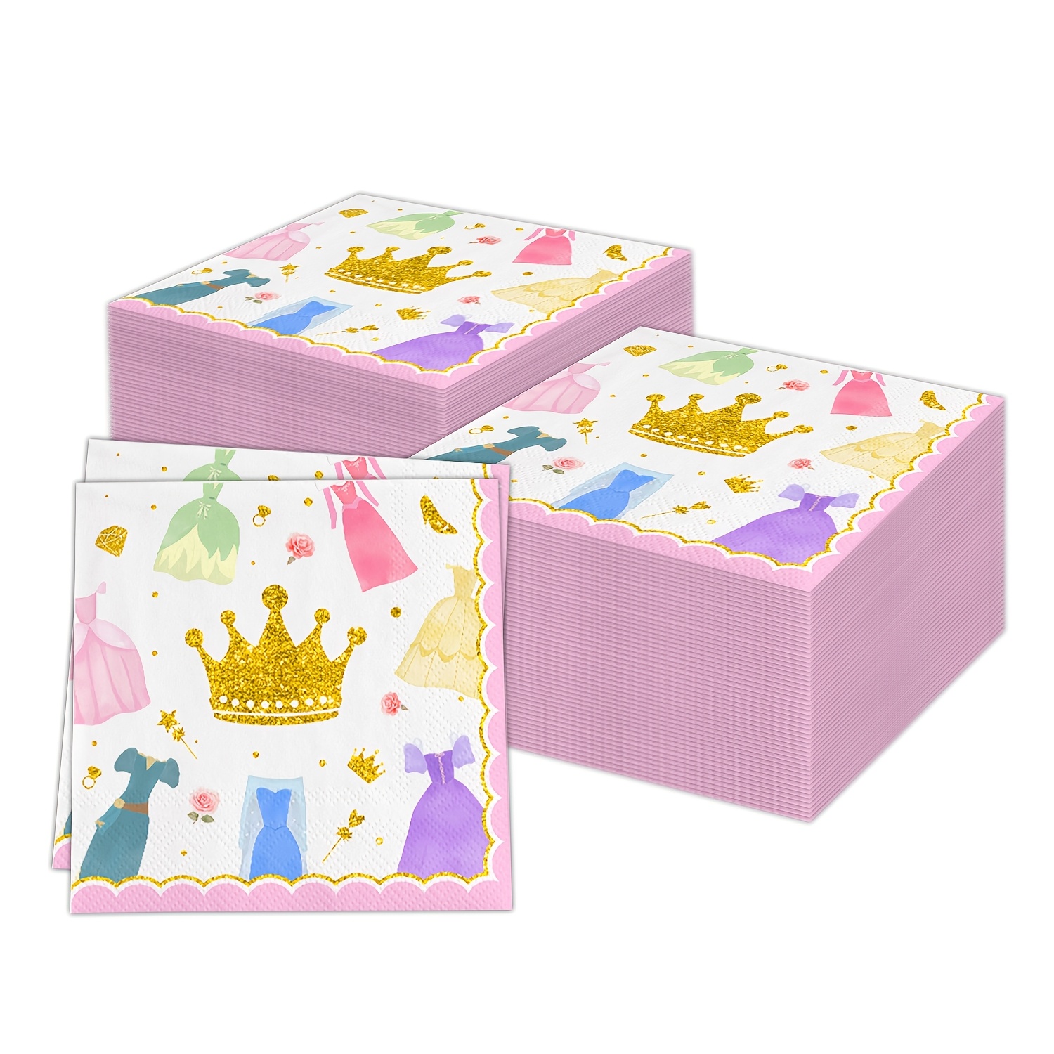 

20pcs Princess Party Napkins - Pink & Golden Paper Tableware With Sparkling Crown & Dress Designs, Birthday Celebrations, Showers, And Themed Events, Birthday Party Decorations