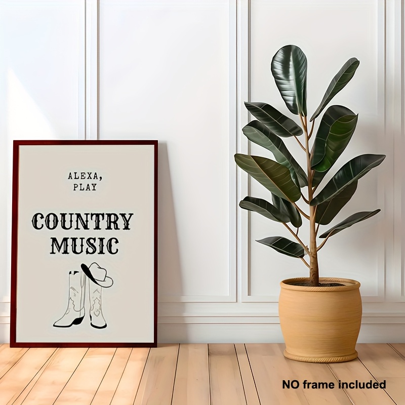 TEMU 2d Flat, 2d Flat, 1pc Rustic Country Music Canvas Art Featuring Unframed Cowboy Boots And Hat Print, A Black And White Poster Suitable For Home,
