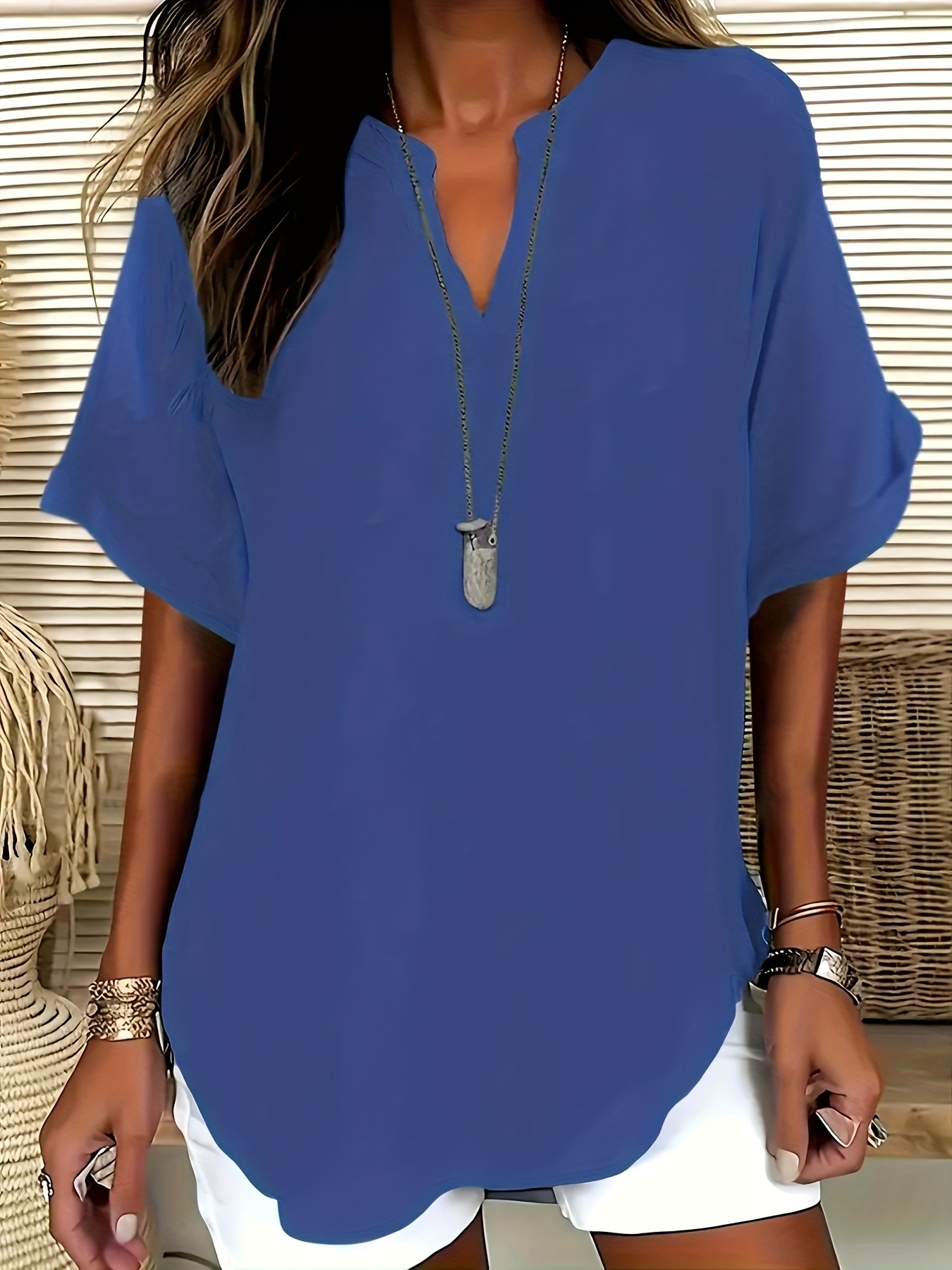 Elegant Plus Size Women'S V-Neck Short Sleeve Blouse - Light Gray, Casual & Stylish for Spring/Summer, Relaxed Fit with Half-Sleeve Design, Casual Wear | Relaxed Fit Top | Stylish Necklin