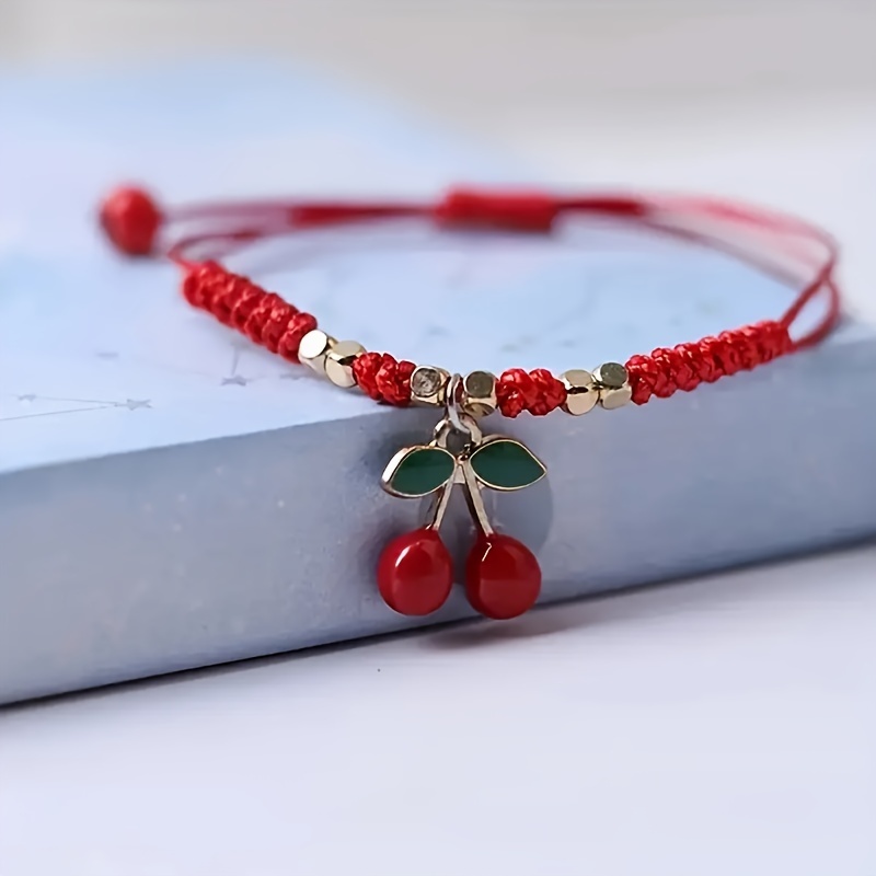 Adjustable Red & Golden Strawberry & Cherry Charm Bracelet for Women