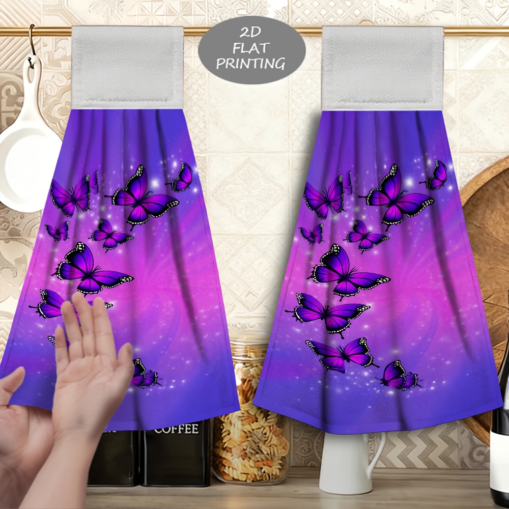 TEMU 2pcs Hanging Hand Towel Purple Starry Sky Pattern Kitchen Towel, Soft Microfiber Material, Strong Absorbency, Suitable For Bathroom, Carnival,