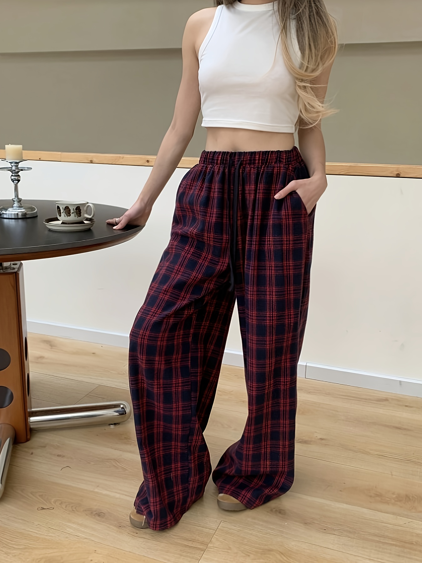 pantalones mujer cuadros anchos diseño cuadros Temu Uruguay