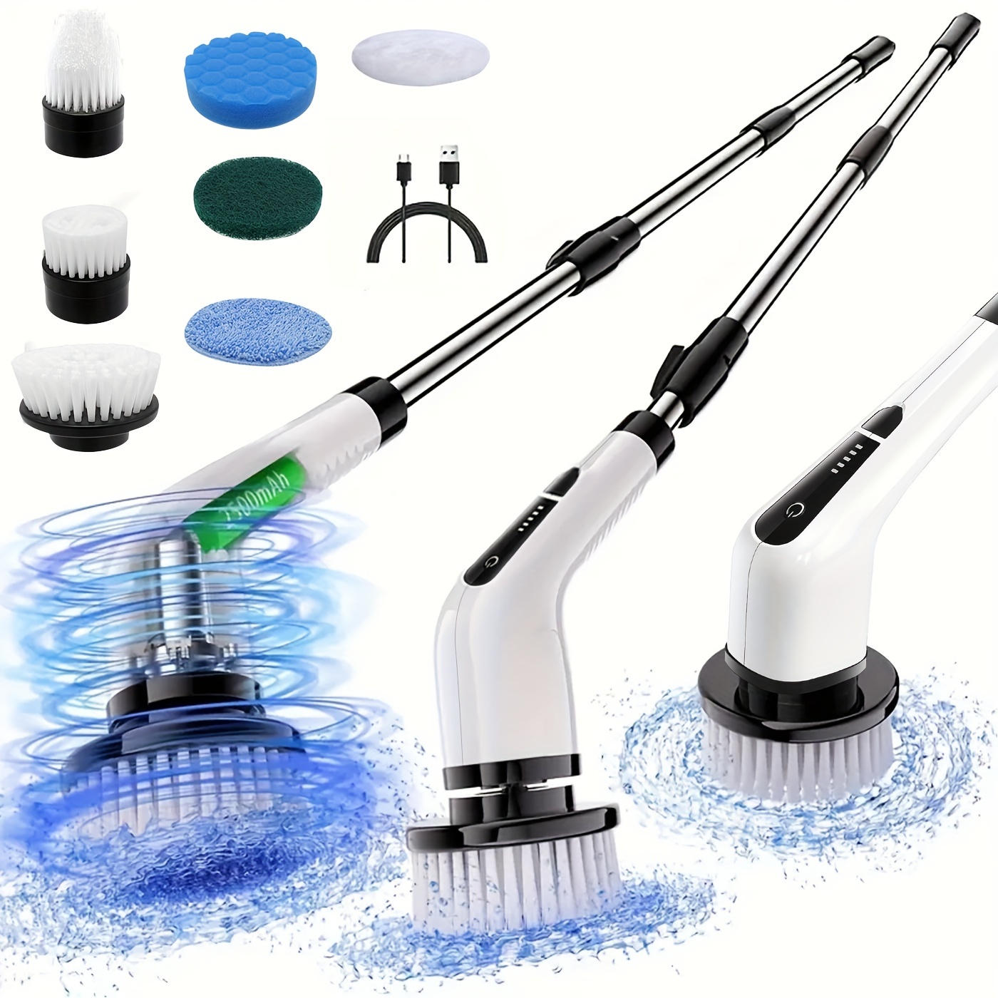 

Electric Rotary Scrubber Cordless Cleaning Brushes With Battery Level Indicator, 7 Interchangeable Brush Heads, Double Speed And Detachable Telescopic Handle For Kitchen, Living Room And Bathrooms