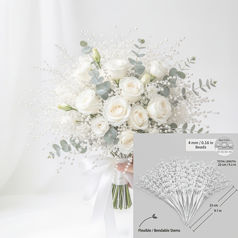 TEMU 51pcs Piquets floraux en fausse perle, tiges de fleurs décorées de perles de 4 mm, insert pour sapin de Noël, convient aux bouquets de mariage,