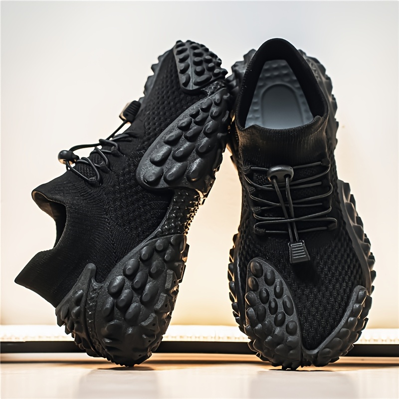 Sand-colored Knitted Mesh Outdoor Shoes with Particle Detailing, Low-Top Thick-Soled Dad Sneakers, Slip-On with Drawstring, Casual Breathable Athletic Running Shoes, Plus Size Men's Shoes