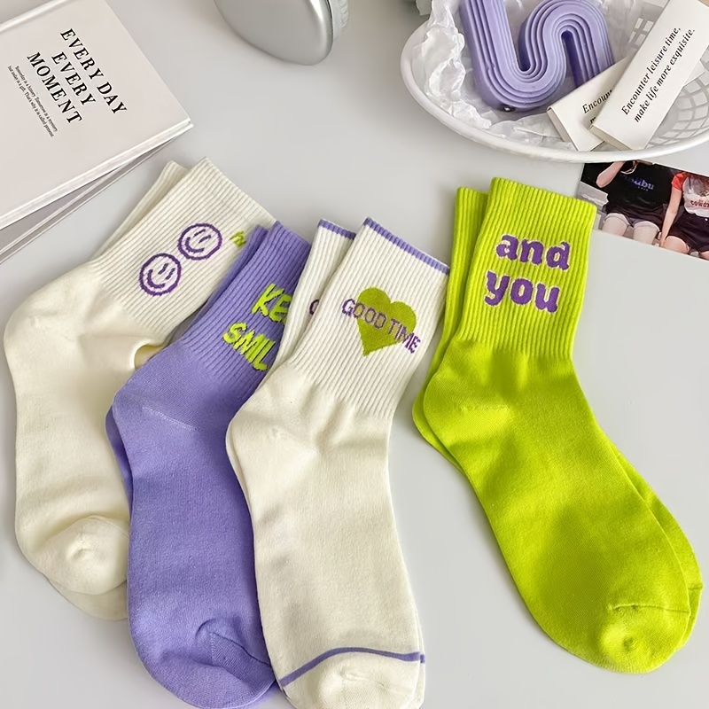 Image of 4 Pairs Women's Mid-calf Socks With Inspirational Smile & Heart - Soft, Comfortable, Machine Washable, Fashionable Ankle Socks For Casual Attire, Cute Socks