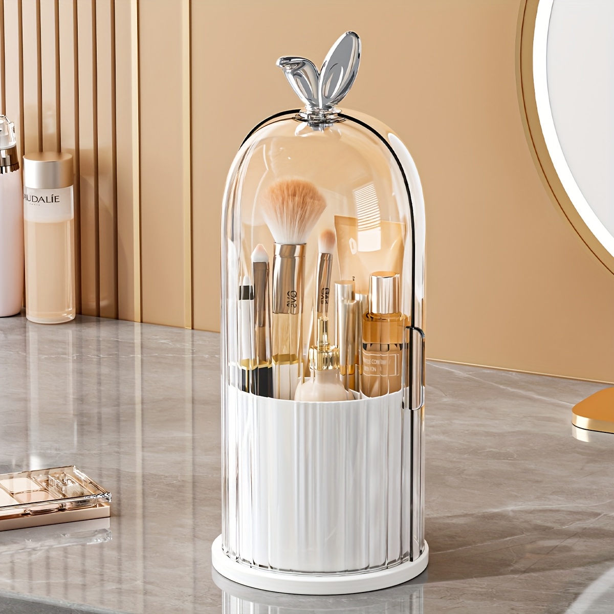 Image of 360° Rotating Makeup Organizer With Clear Dustproof Lid – Rabbit Ear Design, Storage For Brushes, Lipsticks, And Skincare, Polished Finish, Countertop Vanity Organizer, Perfume Organizer