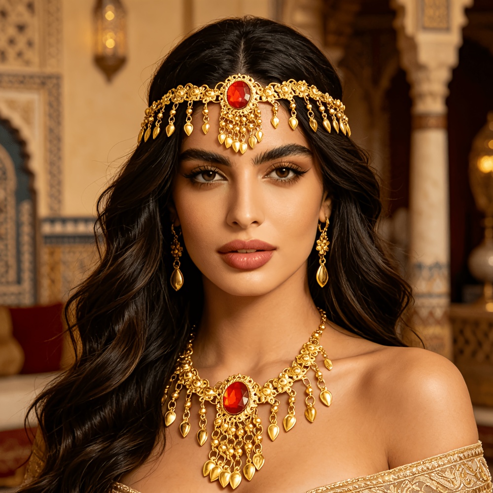 TEMU Parure de 2 à chaîne tête avec pendentif à pompon en métal, accessoires de pour spectacle de danse, parure de bijoux de mariée du Moyen-