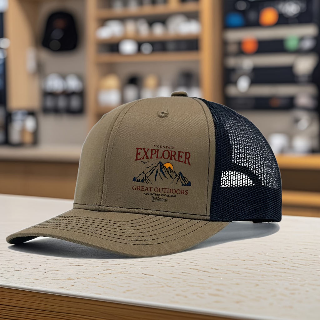 TEMU Mountain Explorer Sunset Goose Tree Print Colorblock Baseball Cap, Summer Breathable Mesh Trucker Hat, Adjustable, Unisex Outdoor Snapback Cap,