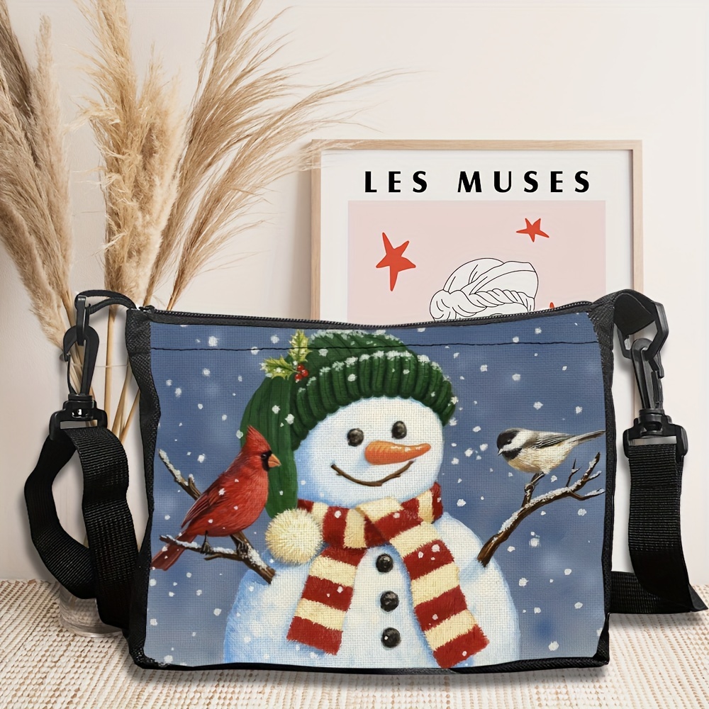 

Christmas Smiling Snowman And Bird Shoulder Bag - Reusable Shoulder Crossbody Bag, Christmas Themed Shoulder Bag, Christmas Bags, Snowman And Bird