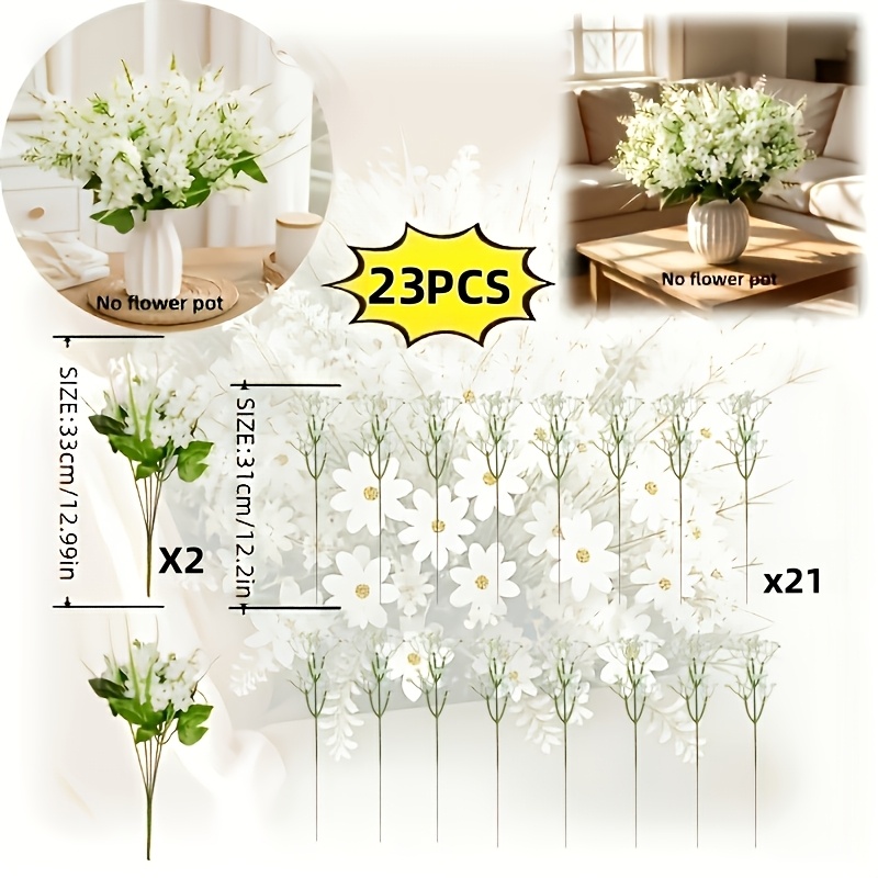 TEMU Bouquet de 23 pièces de fleurs artificielles blanche et Gypsophile, à la décoloration, en plastique durable et entretien, convient pour bureaux,