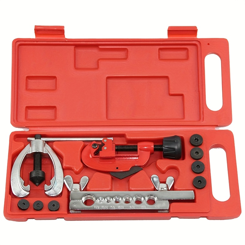 TEMU 10pcs Steel Tube Flaring Tool Set, Flare Set For Copper Aluminium Tubing, Heavy Duty Tube Cutter & 7 Dies (3/16"-5/8"), Professional Pipe Repair