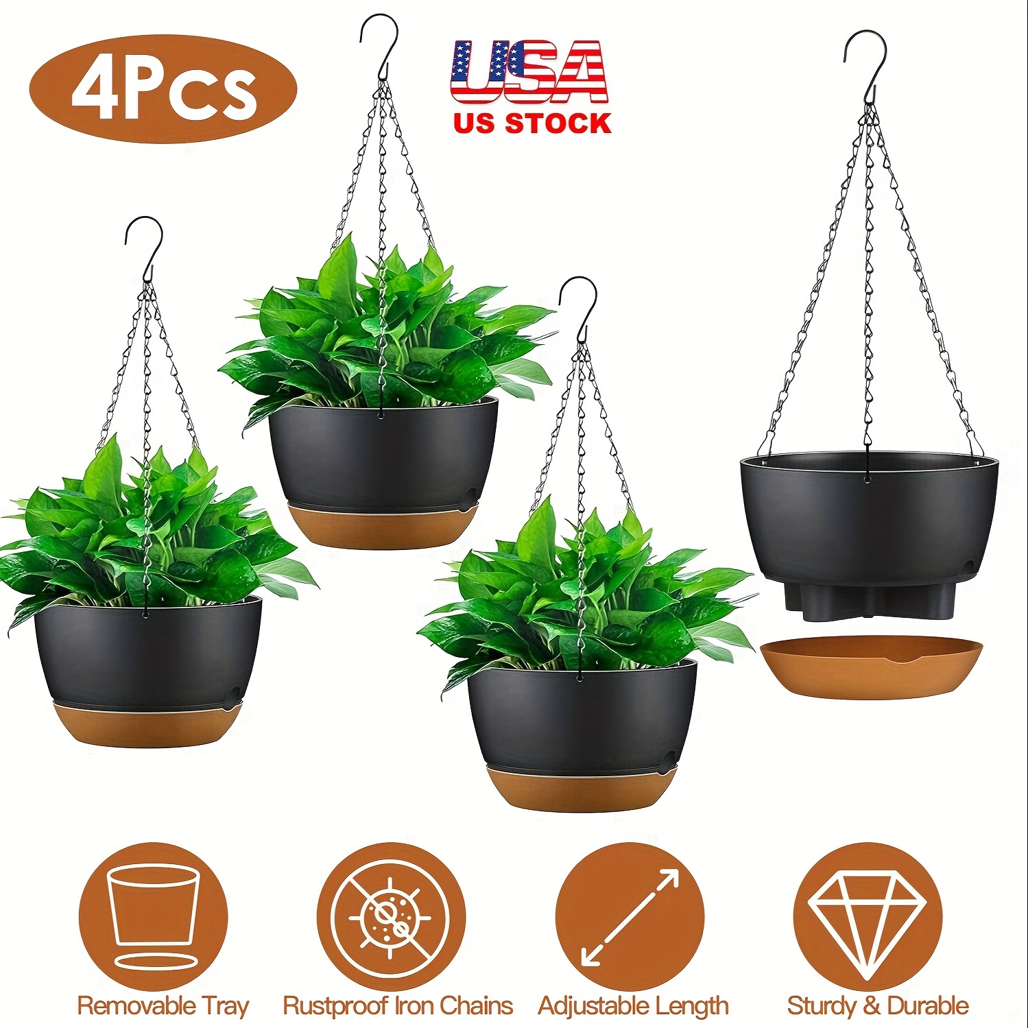 

4 Pcs 9.64in Diameter Hanging Planter With Drainage Holes Removable Self-watering Tray Plastic Hanging Flower Plant Pots For Indoor Outdoor Herb Ivy Fern