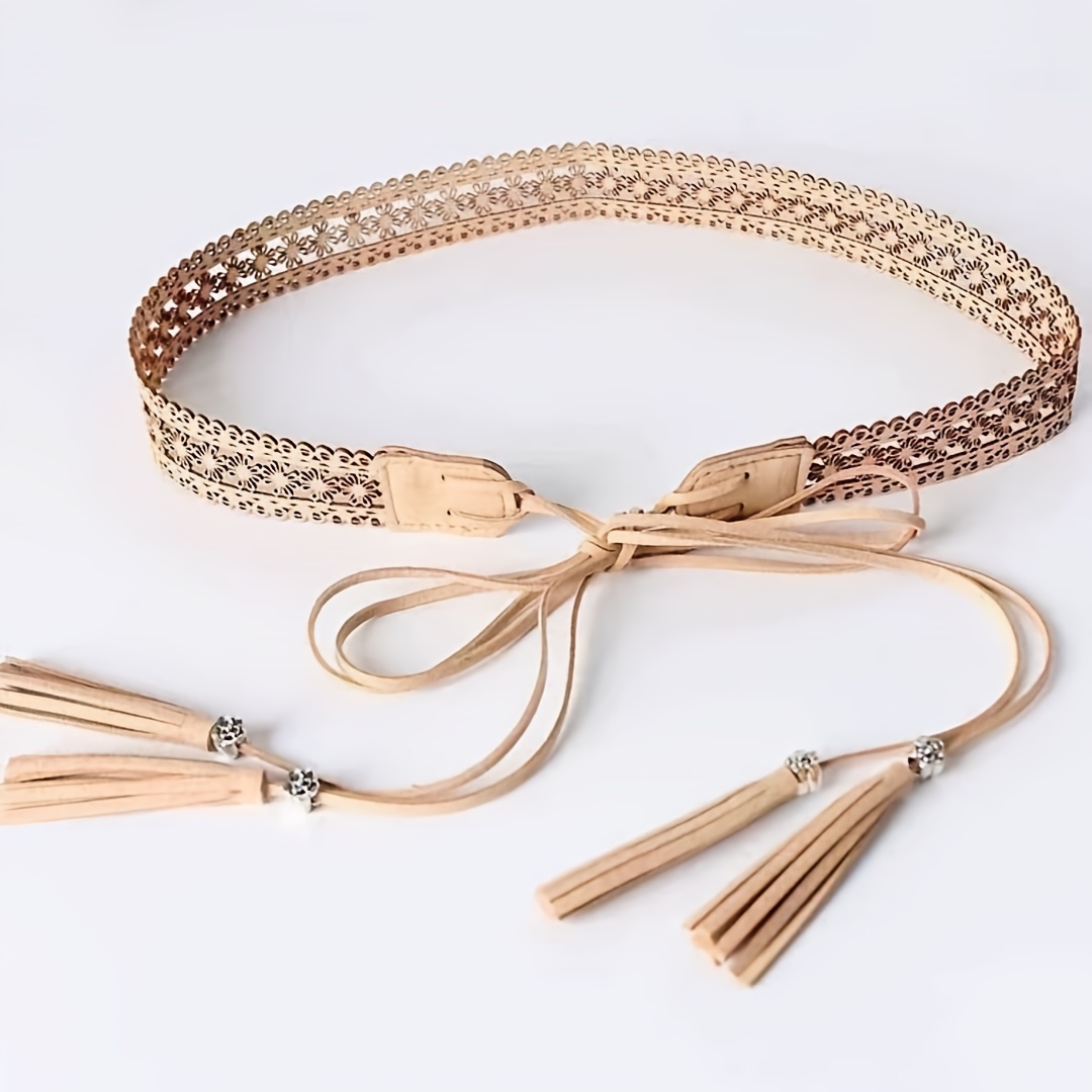 TEMU Bohemian Retro Hollow Lace Tassel Belt, Retro Adjustable Lace-up Waist Cord, Lazy Resort-style Distressed Belt, Suitable For Matching Long