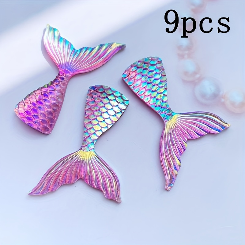 Image of 2d Flat - 9pcs Mermaid Fish Tail Flatback Jewelry Making - Vibrant Glittery Resin Decorations With Flat Back For Crafts - Perfect For Wedding, Scrapbooking, Clothing And Additions