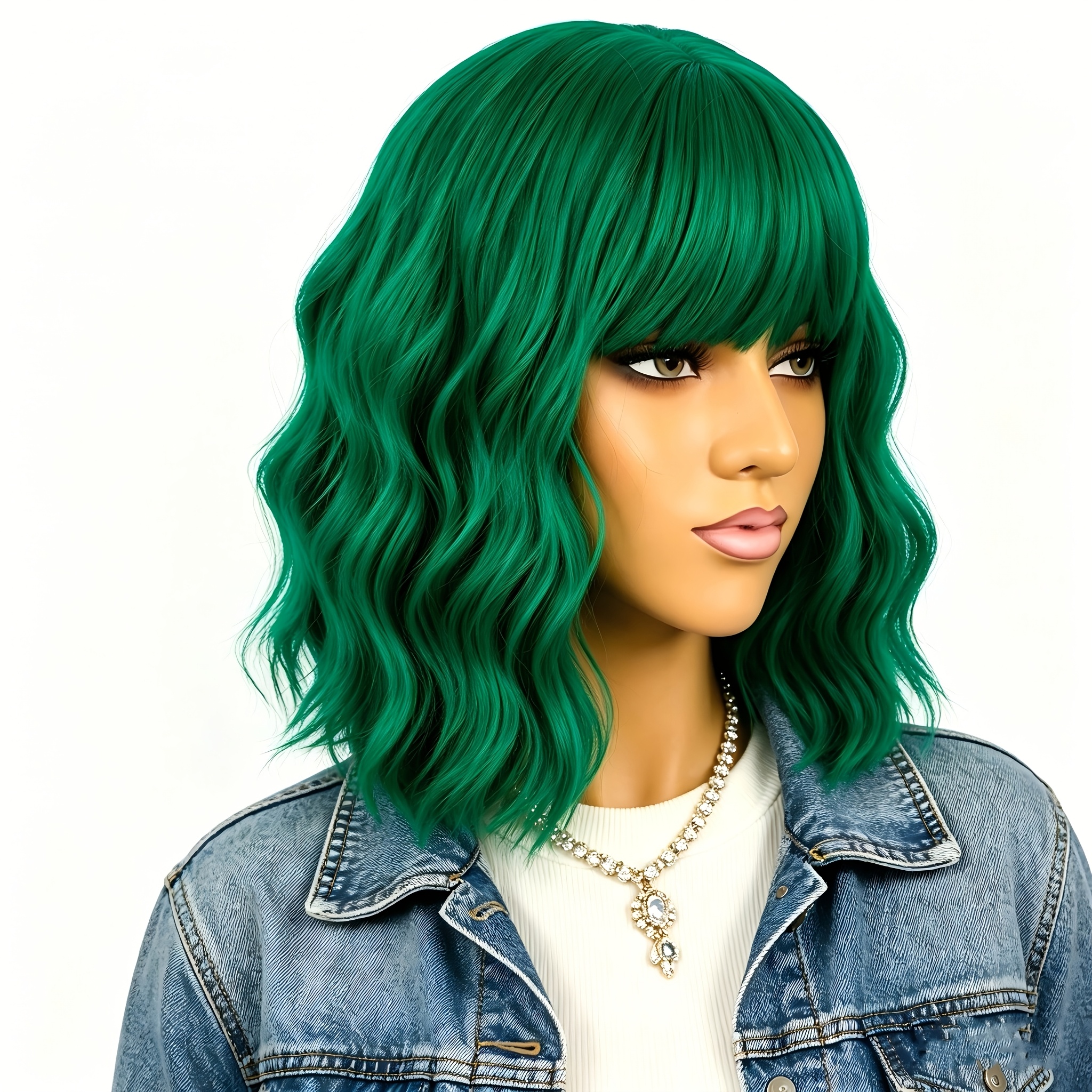 TEMU Green Women's Short Wavy Bob Wig With Bangs, Realistic Natural Synthetic Hair, Shoulder-length, Colorful Wig, Suitable For Daily Wear And