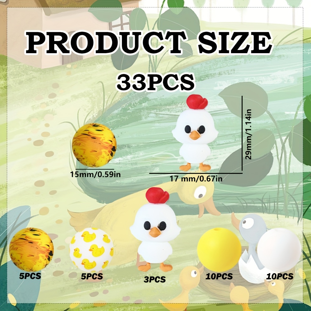 TEMU 33pcs 3d Chick Printed Beads, Bead Pen, Necklace, Home Decor Craft Jewelry Making Supplies - Yellow, Red And White, Suitable For Jewelry Making,
