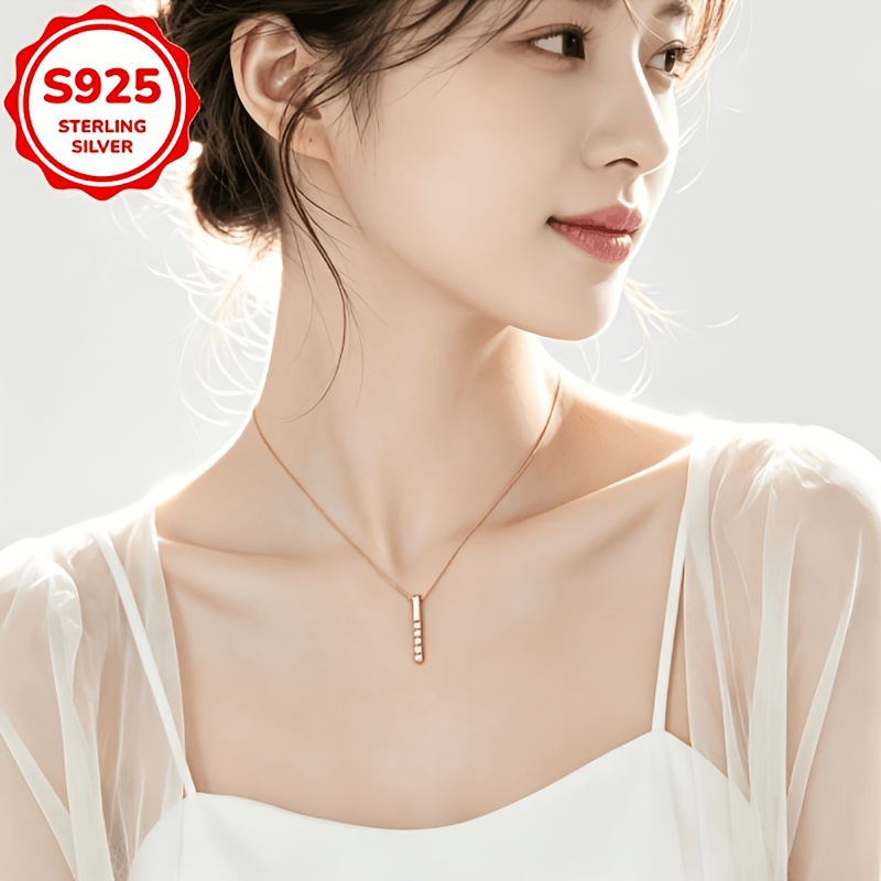 Women's S925 Sterling Silver Vertical Bar Pendant Necklace