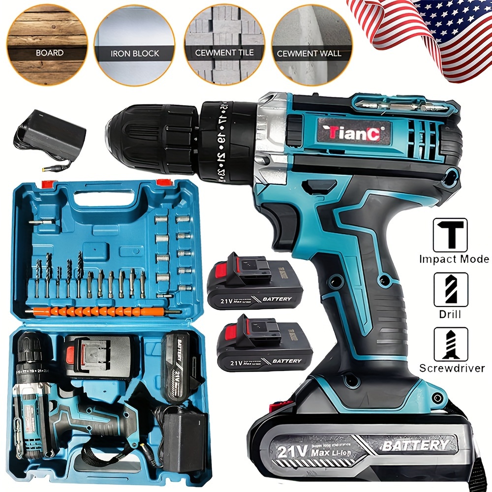 

21v Cordless Hammer Impact Drill Driver Electric Screwdriver W/ 2 Battery