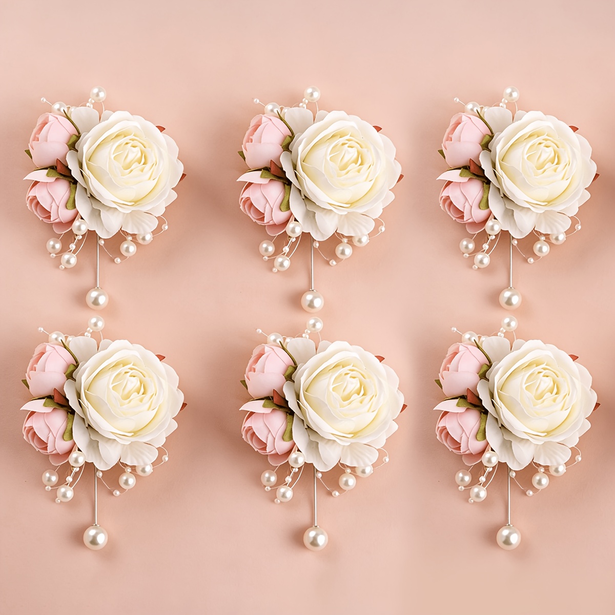 TEMU 6pcs Unisex Romantic Beaded Ivory And Pink Rose Corsage, Parents Guests Bridesmaids Groomsmen Group Wedding Prom Evening Valentine's Day