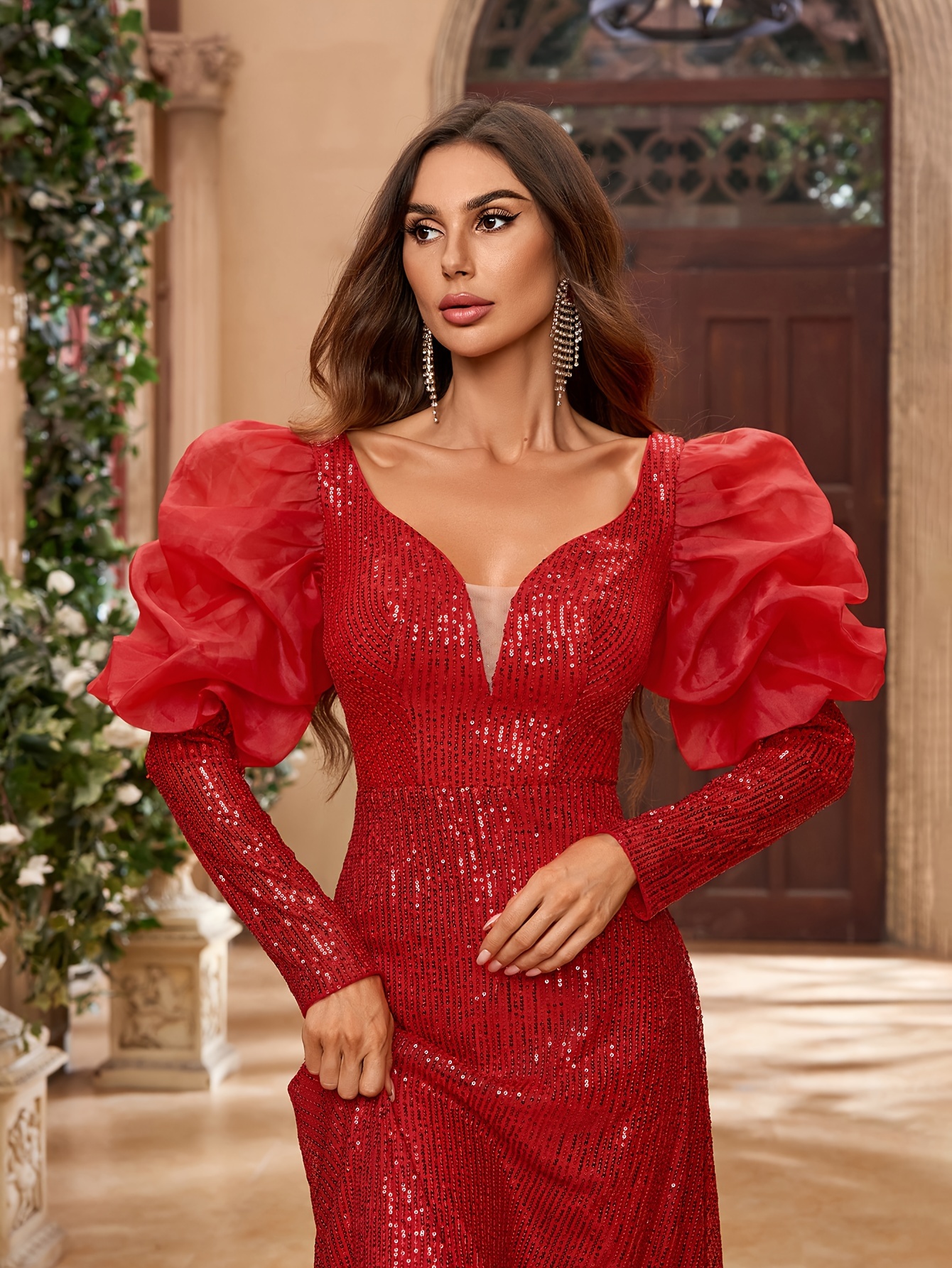sequined puff sleeve dress elegant plunging neck maxi dress - Temu