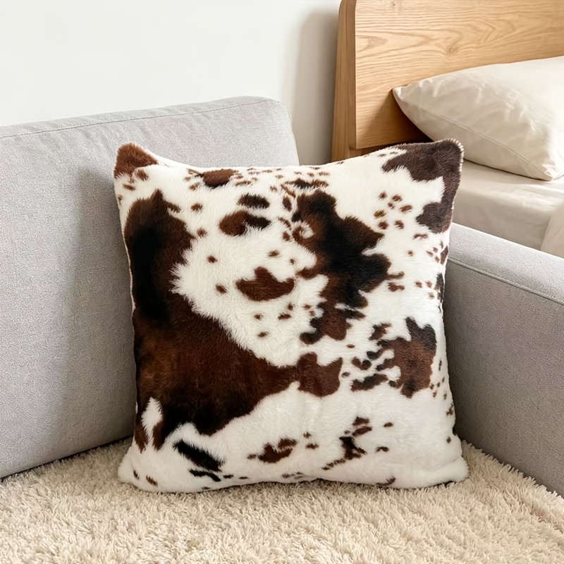TEMU 1pc Cow Print Fluffy Throw Pillow Cover, Soft Square Decorative Cushion Case, Single Side Pillowcase For Sofa Couch Home Decor, No Insert
