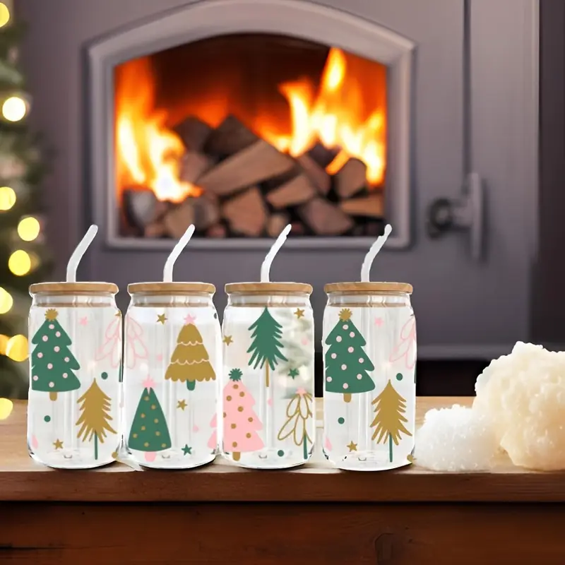 4pcs 550ml christmas tree glass with lid and straw home office cup tea beer milk cup Product details 5