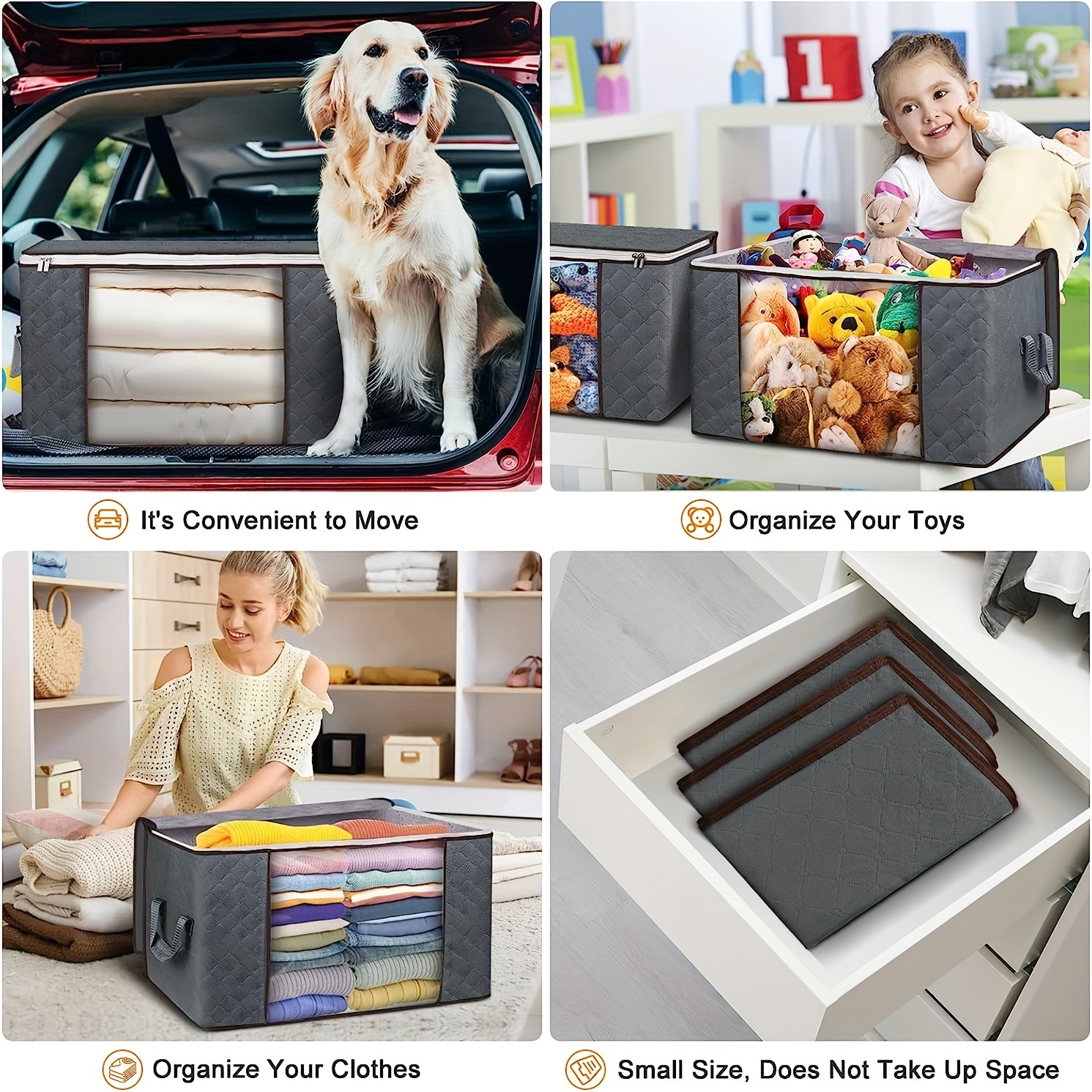 5pcs 23.78gal Large Storage Bags, Clothes Storage Bins Foldable Closet Organizers Storage Containers With Reinforced Handle For Clothing, Blanket, Comforters, Bed Sheets, Pillows And (Gray)
