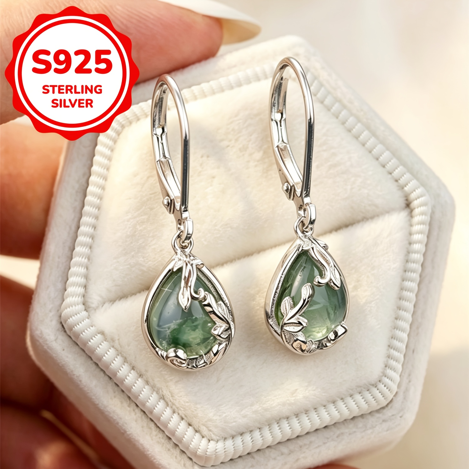 Image of 2g Elegant And Minimalist 925 Sterling Silvery Green Teardrop Water Grass Agate Stud Earrings For Women, Accessory, Gift For Dates, ' Birthdays, Engagement, And Wedding Anniversaries