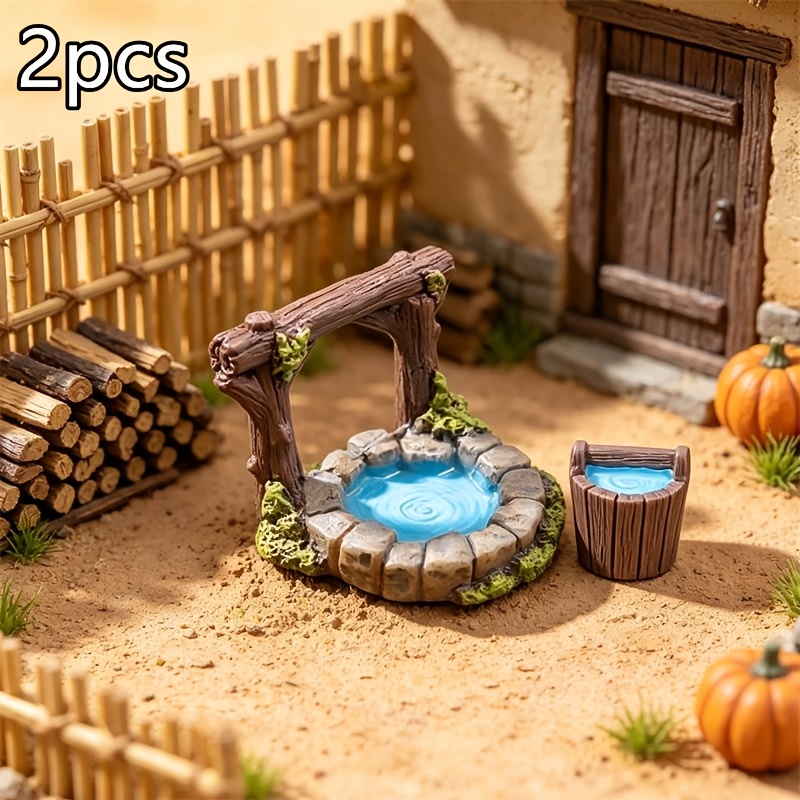 TEMU 2 Miniature Garden Vintage Well Models, Mini Realistic Well And Bucket Resin Ornaments, Suitable For Farm, Pastoral, Moss Terrarium