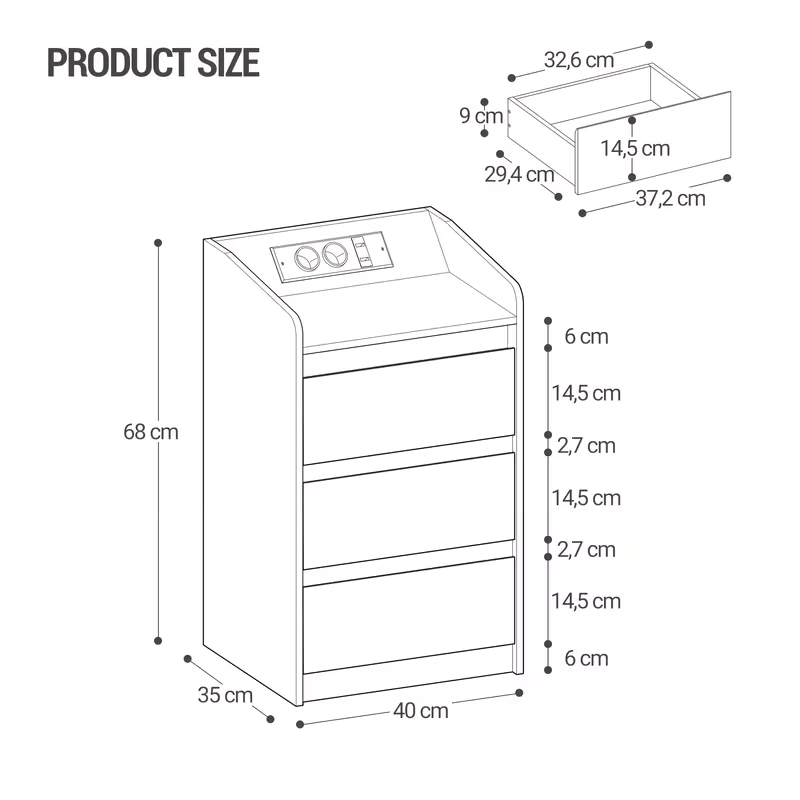 bedside table set of 2 with 3 drawers side table with charging station and led 2 ac outlets and 2 usb ports for bedroom living room black 0