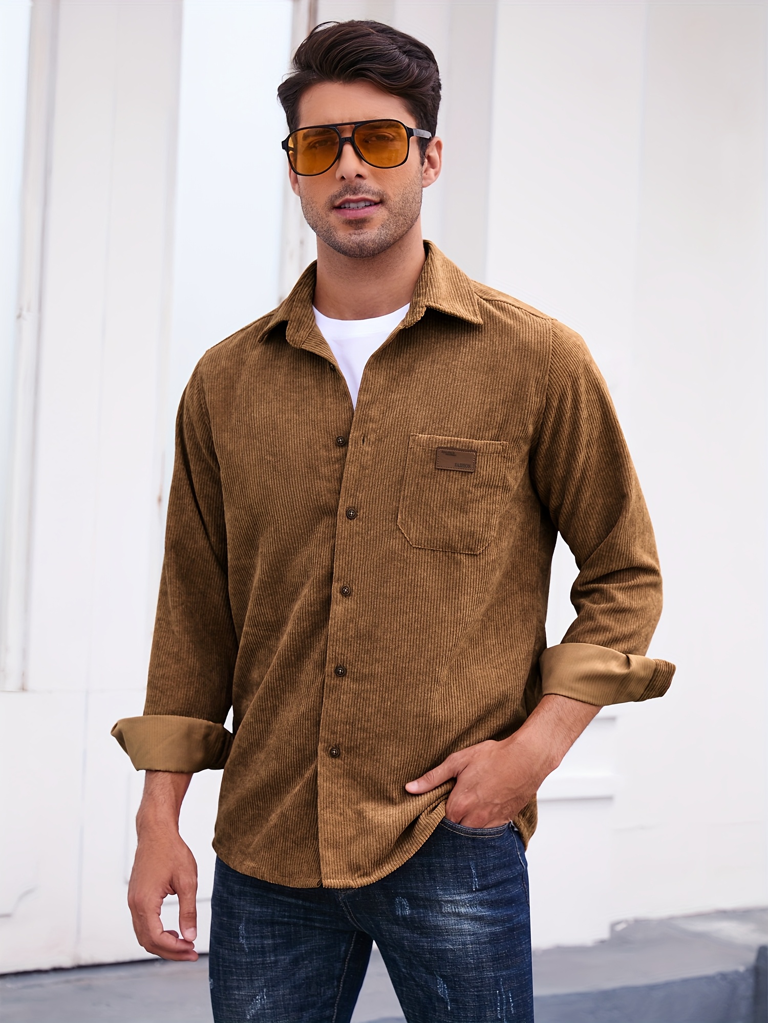 Men's Corduroy Shirt, Men's Shirt Jacket, Classic Lapel Collar with Double Chest Pockets, Button Front, Regular Fit Long Sleeves Spring/Autumn Casual Street Style And Casual Attire, Autumn Layering Piece, Simple And Stylish, Structured Buttons
