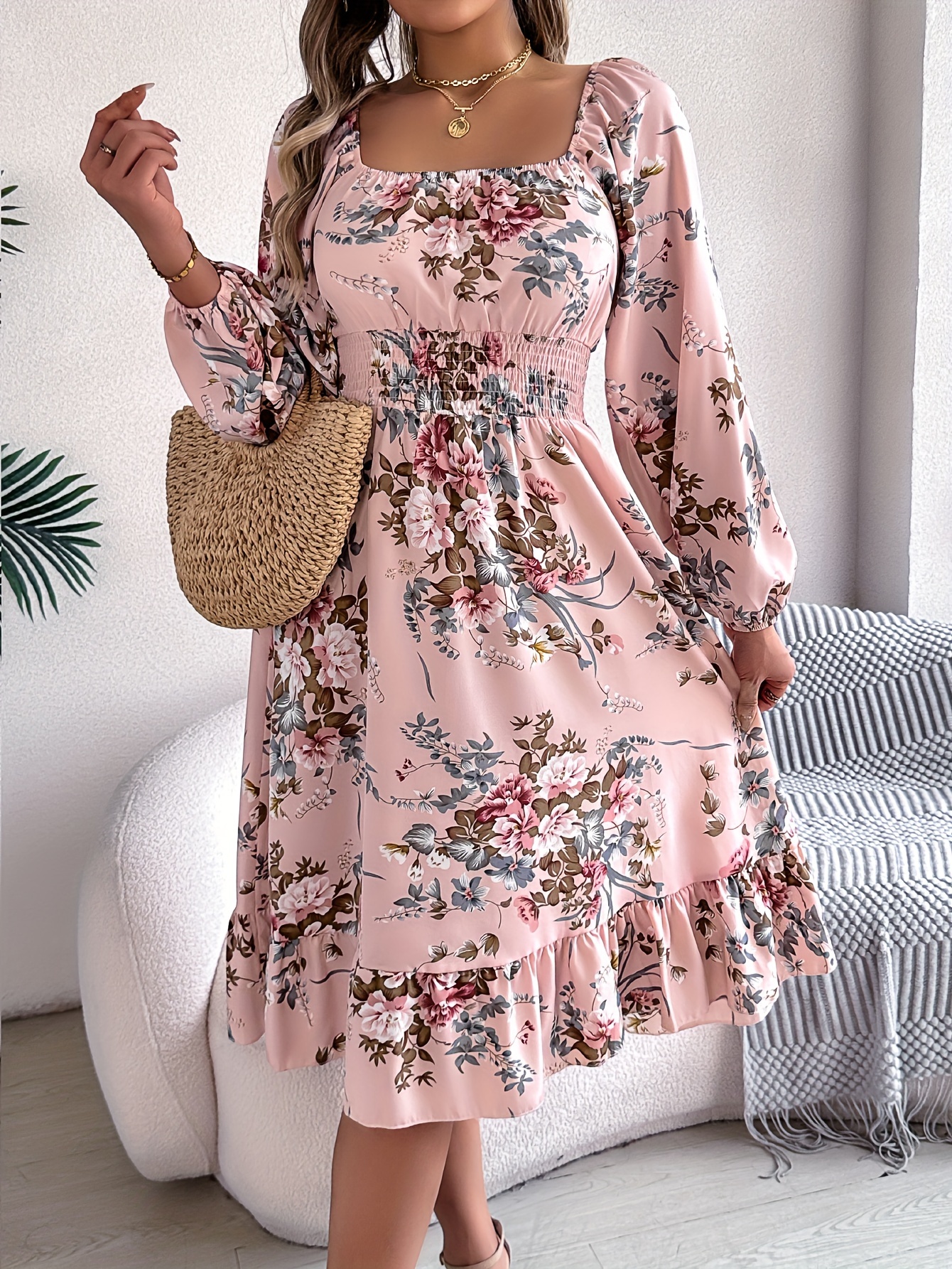 elegant floral print long sleeve square neck - Temu