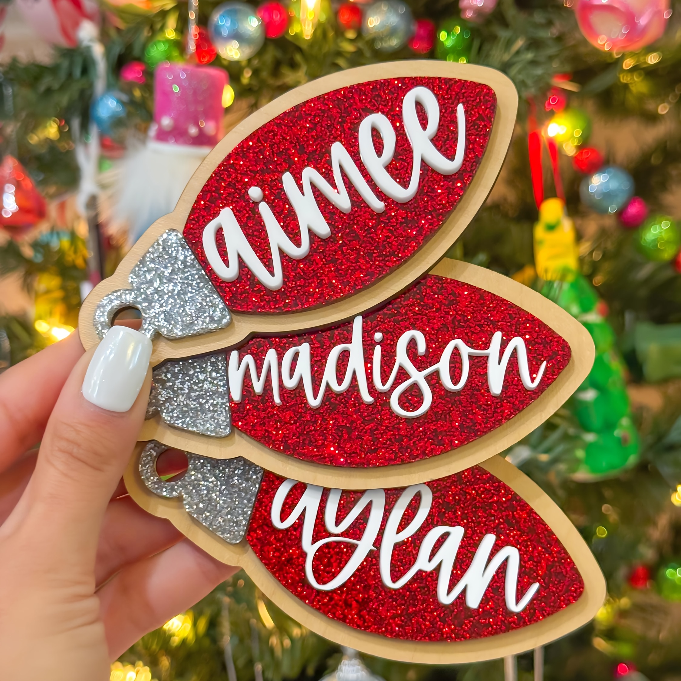 TEMU 2d Flat, Premium Custom 3d Acrylic & Manufactured Wood Christmas Bulb Tag, Personalized Glitter Light Identifier For Trees & Gifts, Handcrafted