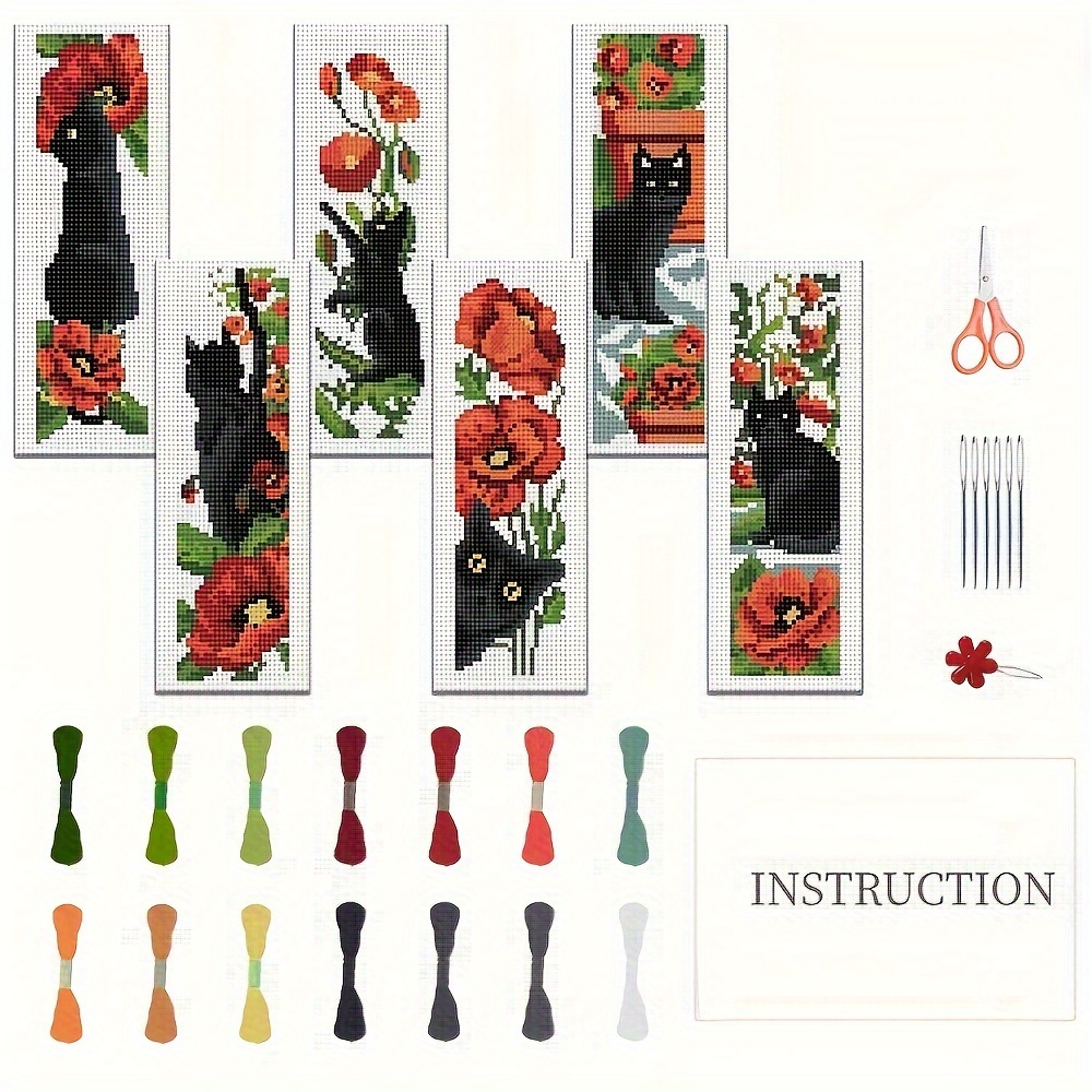 

6pcs Stitch Bookmark Kit With Floral & Black Cat Designs - Complete Embroidery Set For Beginners, Includes Instructions, Assorted Colors, Ideal Birthday Gift, Embroidery Tools