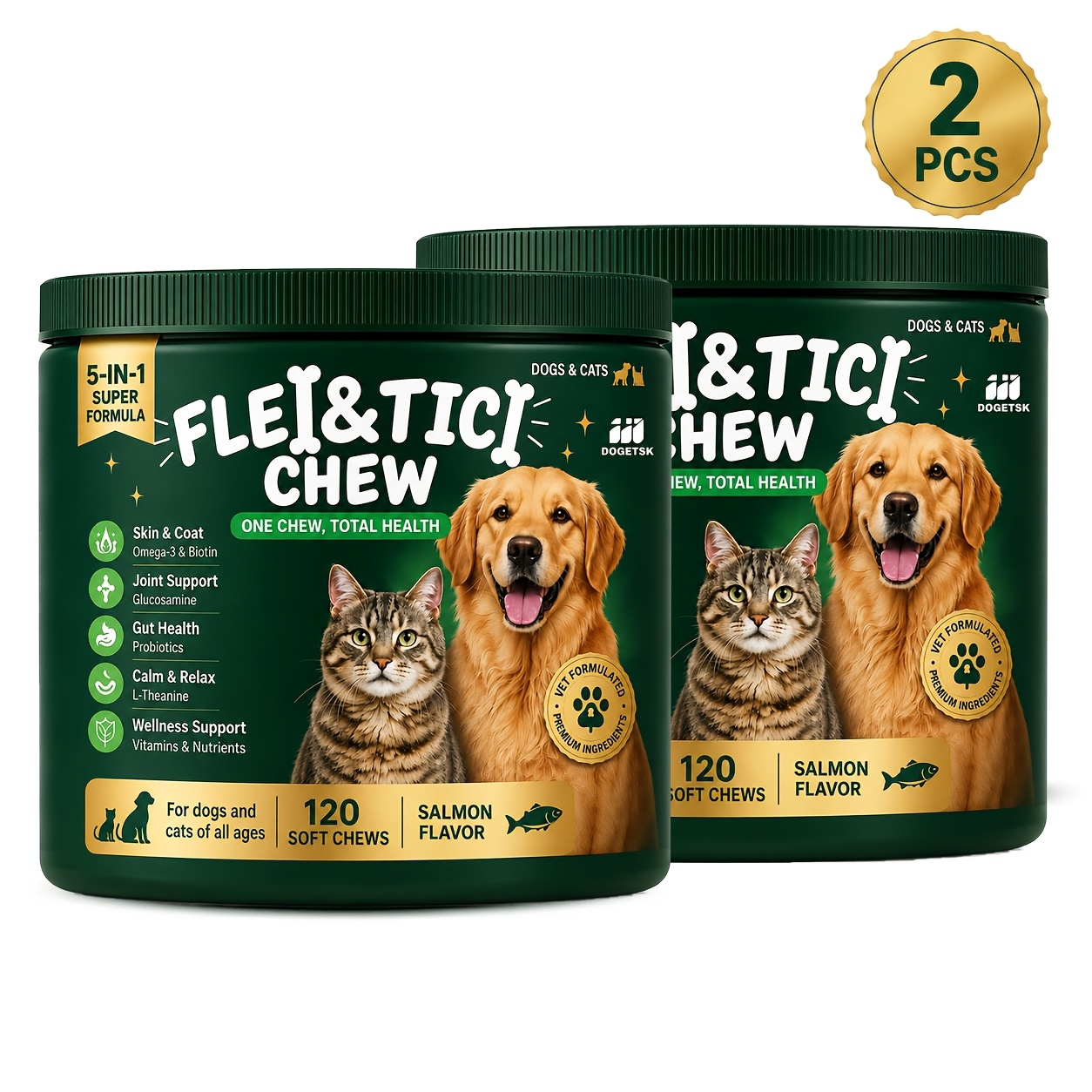 Dogetsk 2pcs For Dogs And Cats - Supports Skin And Coat Health, Joint , Digestive Health, And Calm Relaxation, With -3, , And Probiotics, Salmon Flavor, Total 240 Chews