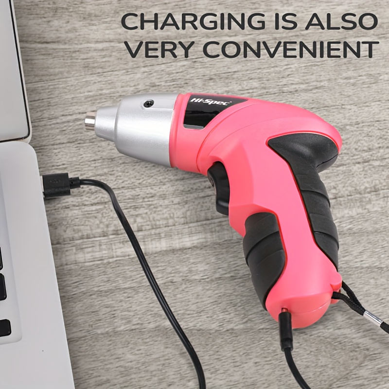 hi 6v electric screwdriver in pink a usb rechargeable lithium battery handheld tool kit portable and in multiple colors suitable for home the kit a claw hammer screwdrivers drill bits Product details 4