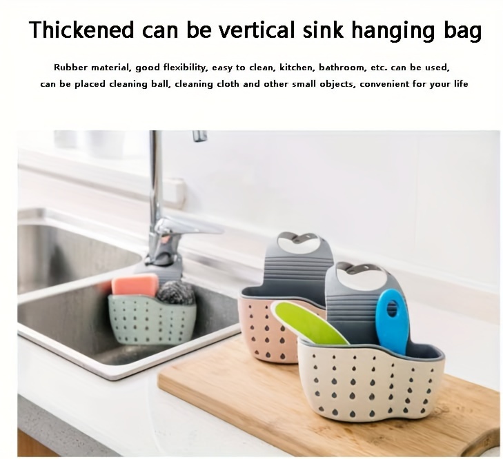 multi functional double sink hanging bag   storage rack faucet sponge storage basket details 1