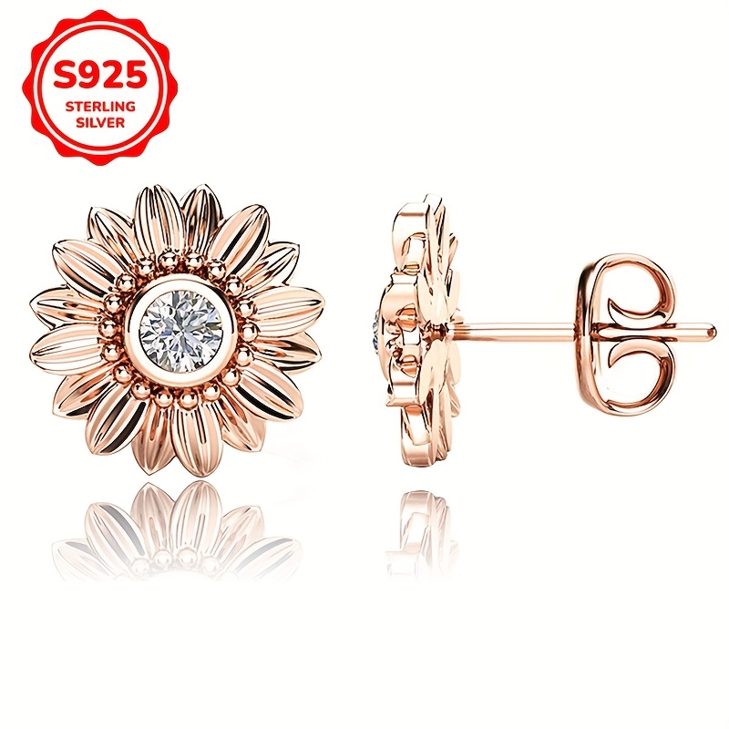 925 Silver Sunflower Earrings, Lightweight Zirconia Studded for Parties